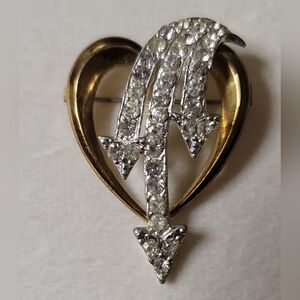 Vintage estate two tone rhinestone heart brooch pin